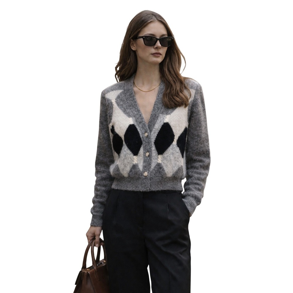 Vintage 90s Segue Argyle Cardigan Angora Silk Shoulder Pad‎ Preppy Soft Luxury M